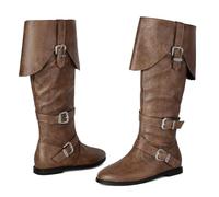 Galindopia Unisex Renaissance Faire Cosplay Shoes Vintage Mid Boots Fold Over Medieval Men's Costume Witch Pirate Viking Tied Shoes Flat Victorian Boots Brown Size 46