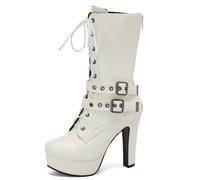 Galindopia White Plateforme Bottes Mid Calf pour femme Hauts Talons Bloc Rivets Studs gothique Punk Dentellets Knight Biker Half Botines de Mujer Size 36