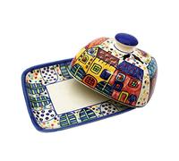 Gall&Zick Beurrier avec couvercle, Beurrier en céramique multicolore peint à la main, cloche à beurre fabriquée à la main en céramique, pour un morceau de beurre normal de 250 g, passe au