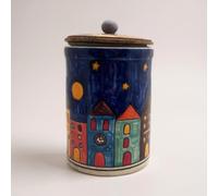 Gall&Zick Boîte de rangement ronde en céramique avec couvercle en bois, peinte multicolore, motif ville et ciel nocturne (New Village)
