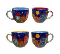 Gall&Zick Lot de 4 tasses en céramique peintes à la main 300 ml - New Village - Passe au lave-vaisselle et au micro-ondes - Fait main de qualité supérieure - Parfait pour le café, le thé et les