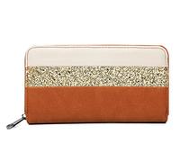 Gallantry Portefeuille Femme Paillette Rayures Zippé - Porte-Cartes Monnaies Tout-en-Un Format Long - Wallet Compagnon Bandes Grande Capacité Similicuir Souple - Chic Elégant - Camel Doré