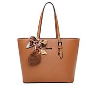 Gallantry - Sac à Main Femme Pompon Fourrure En Soie Imprimé - Sac Shopping Fourre-Tout Format A4 Cours Lycée - Sac Cabas Similicuir Effet Saffiano - Elégant Tendance - Camel