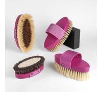 GALOP WEAR Lot de 4 brosses pour chevaux, en matériaux naturels, faites à la main, pour cavaliers professionnels et amateurs de chevaux, nettoyage doux et intensif (Pink Edition)