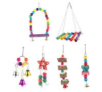 GALPADA 7 Pièces Mordiller pour Perroquet Clochette, Balançoire Colorée | Bois et Corde de Coton, Blocs Multicolores, Usage en Cage Intérieure, pour Calopsittes et Aras