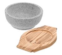 GALPADA Bol Cuisine Coréenne en Pierre Granit 600 Ml Dessous de Plat en Bois, Cuisson Résistante pour Soupe Coréenne et Bibimbap Maison