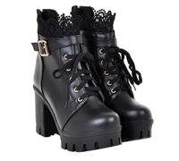 GALPADA Bottes Courtes pour Femmes à Talons Épais Taille 38 en Cuir PU Noir Chaussures à Lacets Confortables pour Automne-Hiver Usage Quotidien et Sorties Élégantes