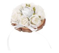 GALPADA Coussin pour Alliances Rond en Fleur Artificielle avec Socle en Bois Massif, Porte-alliances Décoratif avec Rubans, Accessoire Romantique pour Cérémonie de Mariage à L’église,