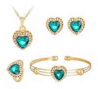 GALPADA Parure Bijoux Femme Cœur Vert Collier Pendentif Boucles Oreilles Bracelet Créatif et Bague Set Élégant pour Cadeau Femme et Fête