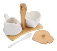 GALPADA Service à Sucre Crème en Céramique avec Plateau, Ensemble Sucrier et Pichet à Crème, Poignée en Bois, Cuisine Service à Thé, Coffret 3 Pièces Élégant et Pratique