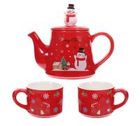 GALPADA Service à Thé de Noël en Céramique 3 Pièces Théière Rouge 1 L et 2 Tasses à Thé Imprimé Bonhomme de Neige Set Présent Festif pour Maison et Bureau