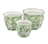 Galt International Lot de 3 Pots de Fleurs Ronds cannelés en Porcelaine pour Fleurs (19,1 cm, 25,4 cm, 33 cm) - Design Chinois Asiatique - Vert et Blanc