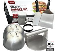 Gamalou® Kit Smash Burger Inox Pro: Presse Hamburger Antiadhésive, Spatule 13 cm et Spatule-grattoir 10 cm, 2x Cloches, Saupoudreuse & Anneaux à Œufs pour Barbecue, Plancha et Poêle - Certifié UE