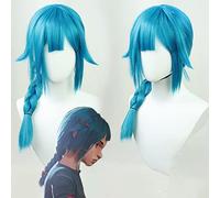 Game Kid Jinx Baobao Perruque de cosplay unisexe pour femme et fille 60 cm Bleu tressé pour Halloween, Noël, fête costumée, accessoire cadeau