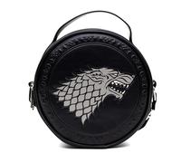 Game of Thrones Sac à bandoulière rond en cuir végétalien avec bretelles réglables, sceau House of Stark gravé et filigrane, noir, noir, 8.0" x 8.0"
