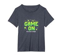 Game on Press Start Retro Pixel Gamer T-Shirt, Femme Grandes Tailles, Bleu Chiné, 3X
