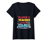 Game Over Back to School : Teacher Entered The Game T-Shirt avec Col en V, Femme, Noir, XL