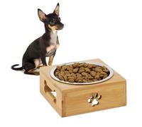 Relaxdays Gamelle, 400 ML, pour Eau et Nourriture, avec Socle en Bambou, HxLxP: 6 x 14,5 x 14,5 cm, argenté - Nature