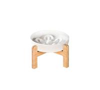 Gamelle Anti-Glouton pour Chat et Petit Chien - Céramique avec Support en Bambou - Surélevée pour Prévenir Vomissements, Indigestion, Obésité - Grand Bol Double (Blanc)