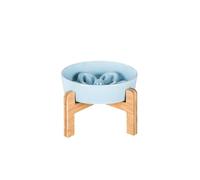 Gamelle Anti-Glouton pour Chat et Petit Chien - Céramique avec Support en Bambou - Surélevée pour Prévenir Vomissements, Indigestion, Obésité - Grand Bol Double (Blanc)