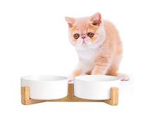 Gamelle Chat - Gamelle Chien avec Support Bois - Gamelles pour Chats Chiens en Ceramique Facile à Nettoyer - Double Bol Chat Chiot pour la Nourriture et l'eau 2 x 480 ML