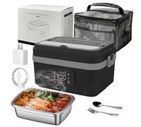 Gamelle Chauffante avec Batterie, 1L Lunch box Chauffante, Chauffage Programmable, 60W, 2*4000mAh Rechargeable Batterie, avec Minuterie et Sac Isotherme, pour Travail, Voiture, Chantier (Gris)