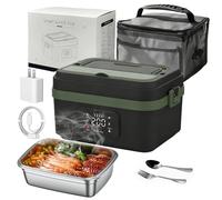 Gamelle Chauffante avec Batterie, 1L Lunch box Chauffante, Chauffage Programmable, 60W, 2*4000mAh Rechargeable Batterie, avec Minuterie et Sac Isotherme, pour Travail, Voiture, Chantier (Vert)