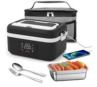 Gamelle Chauffante Batterie, Electrique Lunch Box Chauffante Rechargeable avec Chauffage Programmable, 1L Acier Inoxydable Boite Chauffante Repas Chauffe Plat Voiture avec Couverts et Sac Isotherme