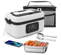 Gamelle Chauffante Batterie, Electrique Lunch Box Chauffante Rechargeable avec Chauffage Programmable, 1L Acier Inoxydable Boite Chauffante Repas avec Couverts et Sac Isotherme pour Bureau Voiture