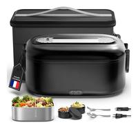 Gamelle Chauffante, Lunch Box Chauffante Electrique, 1,5 L 80 W Gamelle Isotherme pour Repas Chaud, 12V/24V/220V Acier Inoxydable Boite Repas pour Voiture Camion Bureau, Tupperware Chauffant, Noir
