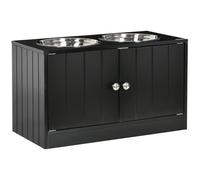 Gamelle Double Chien Chat - Porte-Gamelles Surélevé Armoire 2 En 1 - 2 Portes, 2 Gamelles - Acier Inox. Mdf Noir