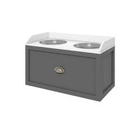Gamelle double chien chat - porte-gamelles surélevé rangement 2 en 1 - tiroir, 2 gamelles - acier inox. MDF gris blanc