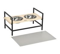 Gamelle Double Chien Porte-Gamelles Surélevé Réglable 2 Gamelles Acier Inox Et Tapis Inclus Acier Noir Aspect Bois Clair