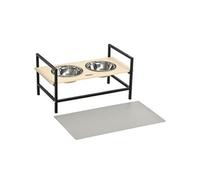 Gamelle double chien porte-gamelles surélevé réglable 2 gamelles acier inox et tapis inclus acier noir aspect bois clair