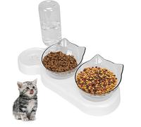 Gamelle inclinée à 15° pour chat - Amovible et réglable - Avec support - Avec mangeoire à eau par gravité - Anti-déversement - Pour chat et chiot (blanc)