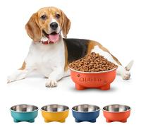 Gamelle Personnalisée pour Chien Incassable, Gravure Laser Nom/Logo Acier Inoxydable Antidérapante, Nourriture & Eau pour Chiens Chats, 4 Couleurs Vives Facile à Nettoyer (Orange)