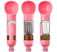 Gamelle pour chien Bouteille d'eau 300 ml, gamelle de voyage portable avec récipient pour la nourriture, sac à crottes et ramasse-crottes, compact 4 en 1, anti-fuite, léger, rose