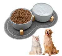 Gamelle pour Chien Surélevée en Ceramique 850ml Double Bol avec Support en Bambou et Tapis Antidérapant, Set de Mangeoire Céramique pour Chien et Chat Gamelles Surélevées pour Chats et Chiens