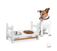 Relaxdays 10027507_112 chiens, chat, Double gamelle en inox, 2x 500 ml, 20 cm, bambou, Distributeur, hauteur réglable, blanc, mdf, Taille Unique