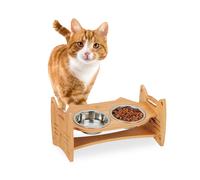 Relaxdays Gamelles et Support en Bambou, pour Chats & Petits Chiens, HxLxP: 18x36x21 cm, 2 contenants, Nature - argenté