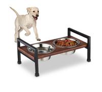 Relaxdays Gamelles pour Chiens, Support, 2 récipients en Acier Inoxydable, 750 ML, Bois de manguier & Fer, Marron - Noir