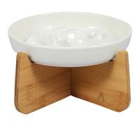 Gamelle surélevée en céramique pour chat avec support en bois - 16,4 x 3,8 cm - Anti-vomissement - Nourriture pour chat - Blanc