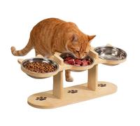Gamelle surélevée pour chat - Hauteur réglable - Avec 3 bols en acier inoxydable - 3 en 1 - Gamelle d'eau surélevée pour chats, petits chiens - Support en bois avec inclinaison de 15°