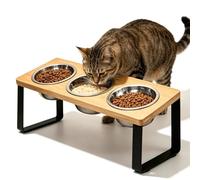 Gamelle Surélevée pour Chat, Station d'alimentation Surélevée avec 3 Gamelles en Acier Inoxydable, Ensemble de Gamelles inclinées à 15° avec Support en Bois, Gamelle pour Chat et Chien