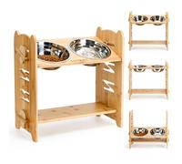 Gamelle surélevée pour chien - 9 niveaux réglables - En bambou - 2 gamelles en acier inoxydable - Avec support pour mangeoires surélevées - Bois - Taille L