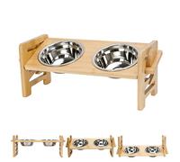 TOWEAR Gamelle pour chien à alimentation lente, design surélevé réglable à 6 niveaux, station d'alimentation en bambou, 2 gamelles en acier inoxydable pour petits chats et chiens (taille S)
