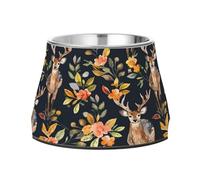 Gamelle surélevée pour chien motif aquarelle avec cerf et fleurs, 540 ml, en acier inoxydable, antidérapant, grande capacité