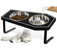 Gamelles surélevées pour chat - Gamelles gothiques pour chat d'intérieur avec support antidérapant et planche en bambou - Gamelles en acier inoxydable et adaptées aux moustaches