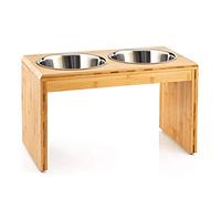 Gamelles surélevées - pour Chiens et Chats - Supports surélevés en Bambou avec 2 gamelles d'eau et de Nourriture en Acier Inoxydable - avec Pieds antidérapants (Deux Bols (Bois Naturel))