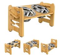 Gamelles surélevées réglables pour chien et chat, design incliné, antidérapant, durable en bambou avec 2 gamelles en acier inoxydable - Idéal pour les petits chiens et les chats